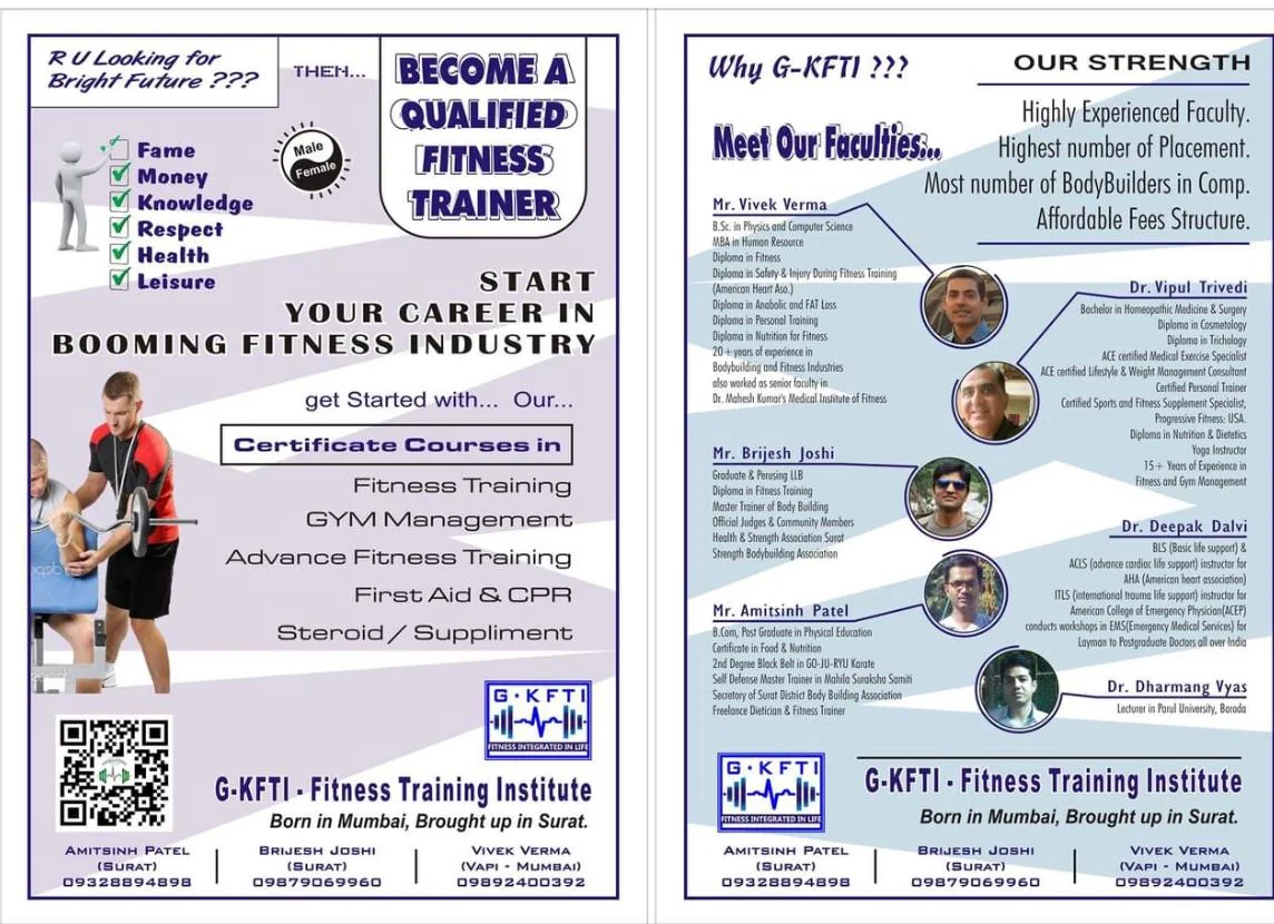 G-KFTI Fitness Training Institute brochure listing Brijesh Joshi among its faculty, with his qualifications