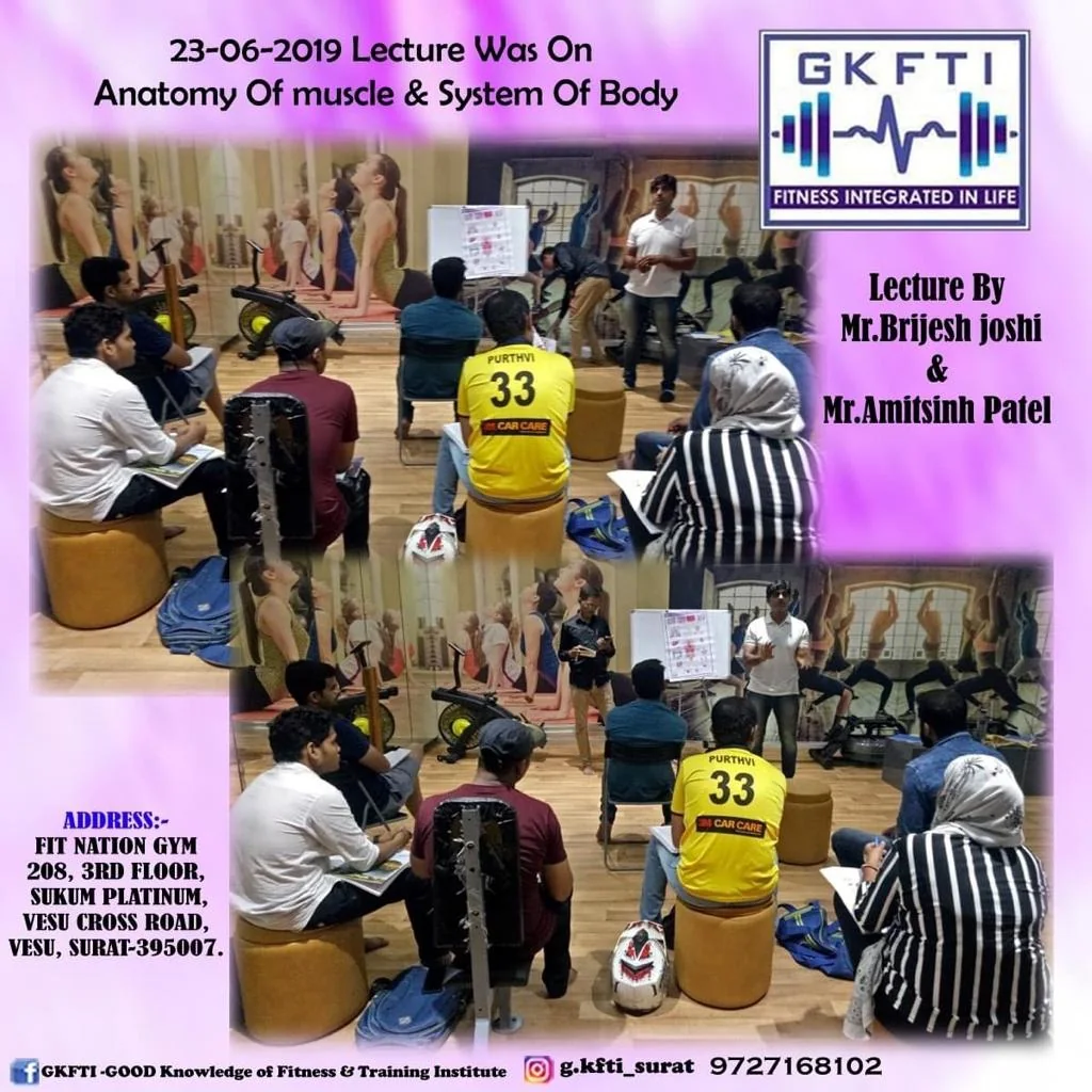 Brijesh Joshi lecturing on anatomy of muscle at a G-KFTI fitness training institute session in Vesu, Surat