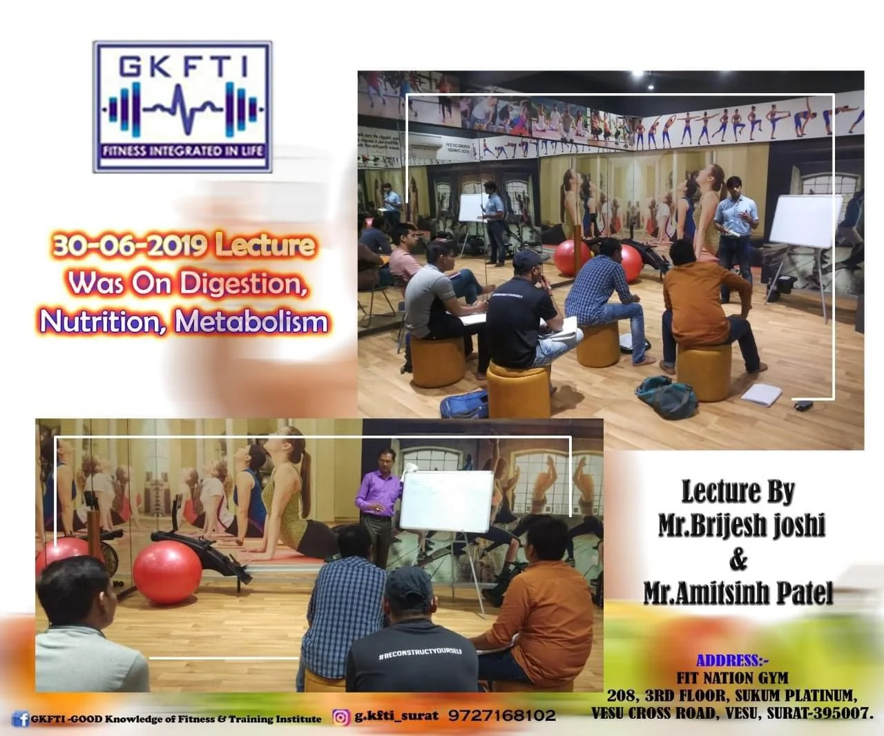 Brijesh Joshi lecturing on digestion, nutrition and metabolism at a G-KFTI session in Vesu, Surat