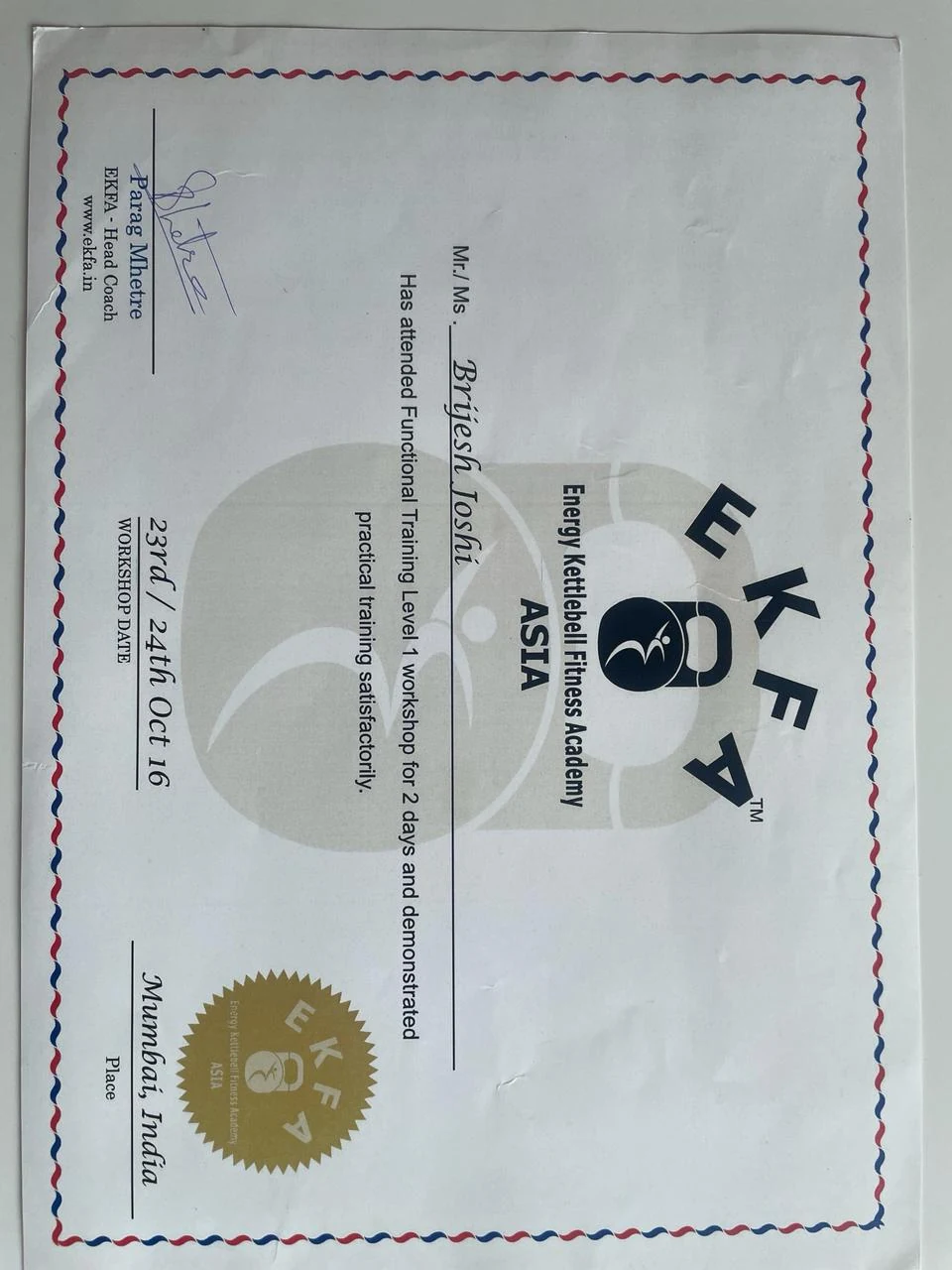 Energy Kettlebell Fitness Academy Asia functional training level 1 workshop certificate for Brijesh Joshi, Mumbai, October 2016