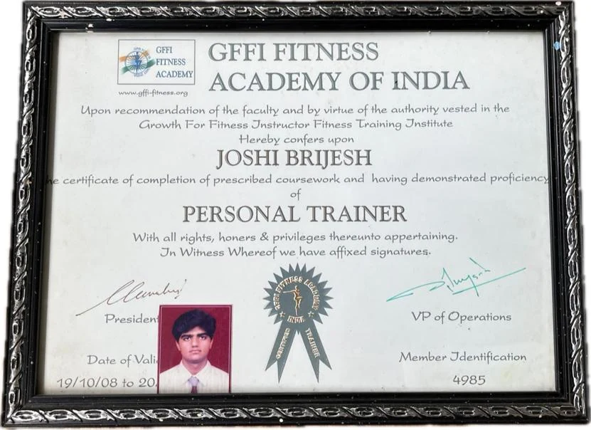 GFFI Fitness Academy of India personal trainer certificate awarded to Joshi Brijesh, member identification 4985