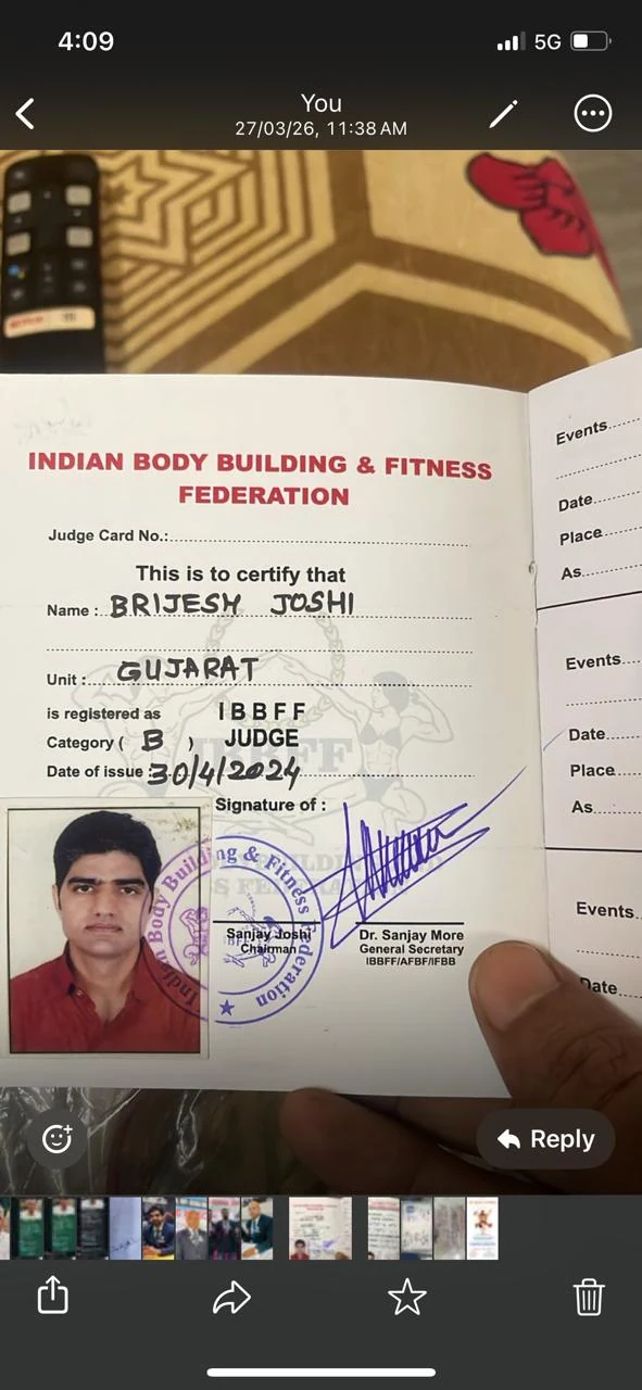 Indian Body Building & Fitness Federation judge card in the name of Brijesh Joshi, Gujarat unit, Category B judge, issued 30 April 2024