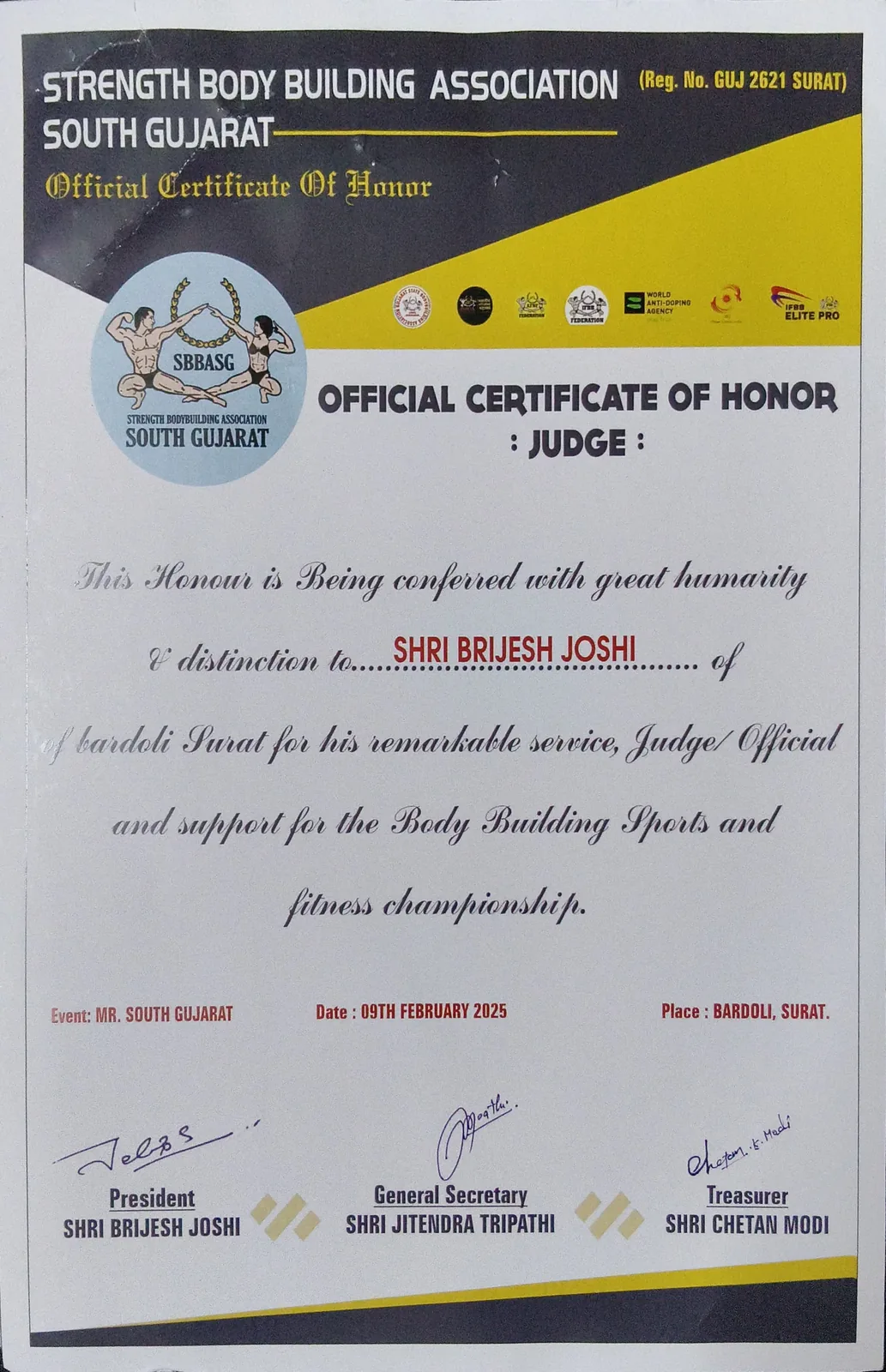 Strength Bodybuilding Association South Gujarat official certificate of honour naming Shri Brijesh Joshi as judge and official at the Mr. South Gujarat championship, Bardoli, 9 February 2025