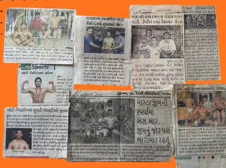 A collage of Gujarati newspaper cuttings about S R Gym members winning bodybuilding medals