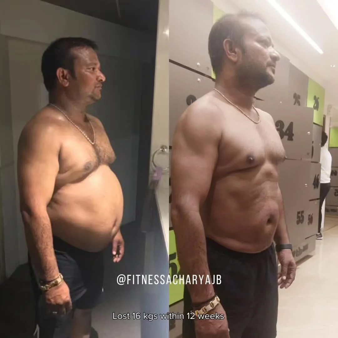 Dasrath, a real estate developer from Surat, photographed before and after losing 16 kg across 12 weeks at S R Gym