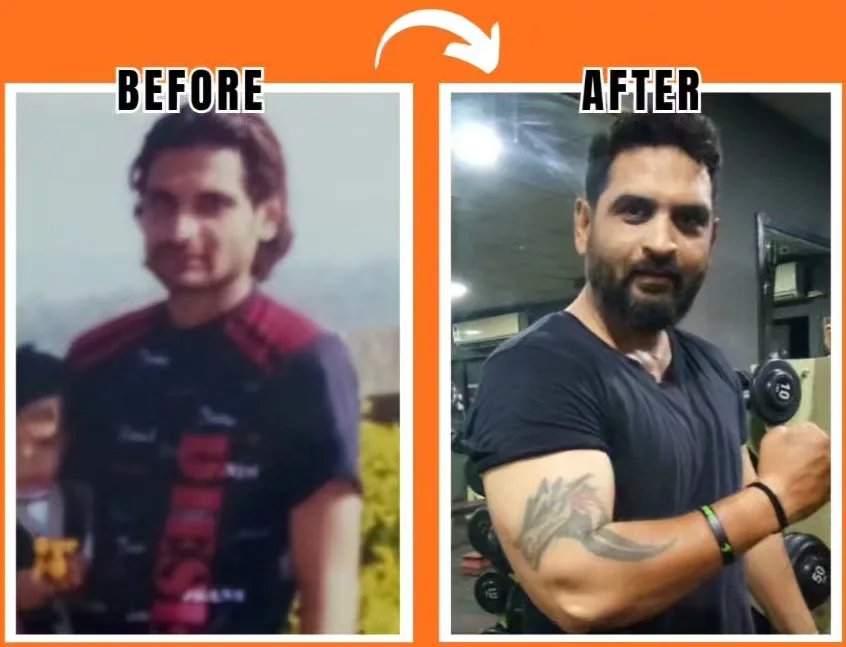 Hiren, a working professional, before and after twelve months of training at S R Gym