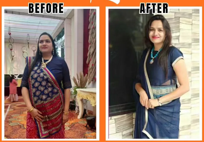 Neelam, a homemaker from Surat, before and after six months of coaching at S R Gym