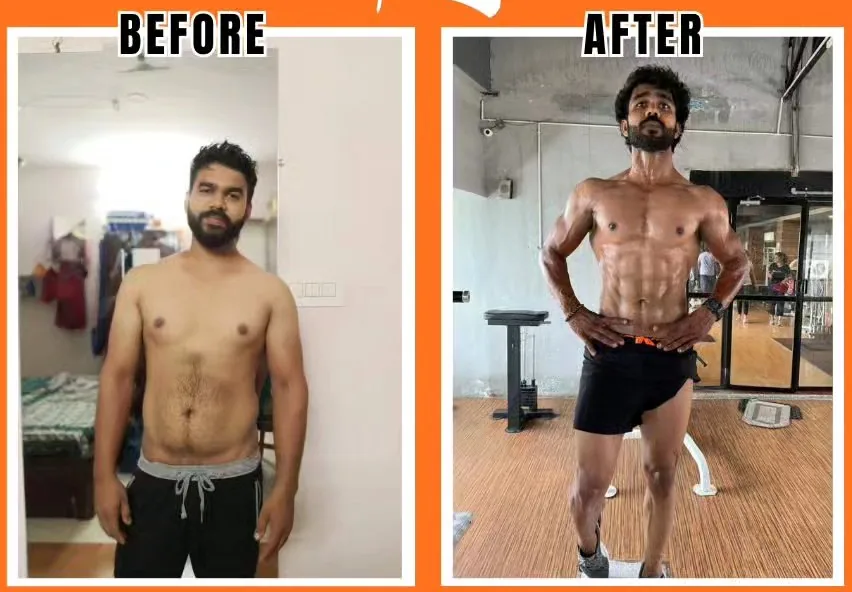 Parvez, a business owner, before and after six months of training at S R Gym