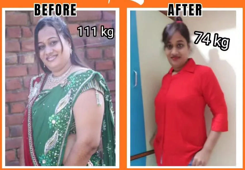 Pooja, a working professional, before at 111 kg and after at 74 kg following five months of coaching at S R Gym