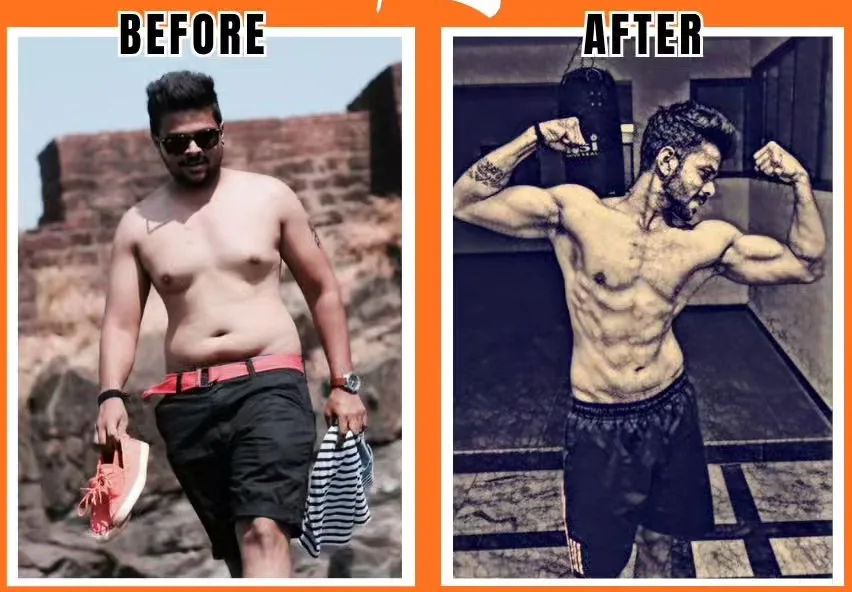 Rahul, a working professional, before and after eight months of training at S R Gym