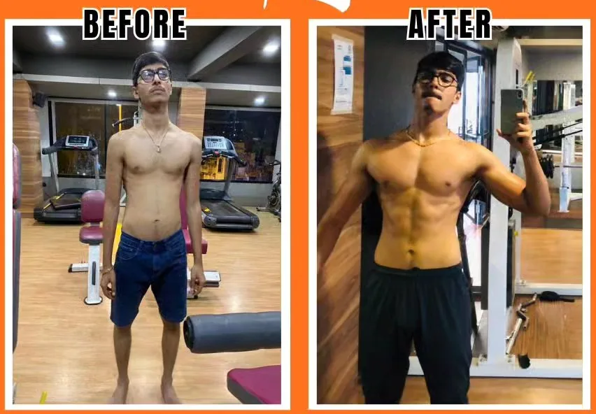 Rishabh, a college student, before and after six months of training at S R Gym