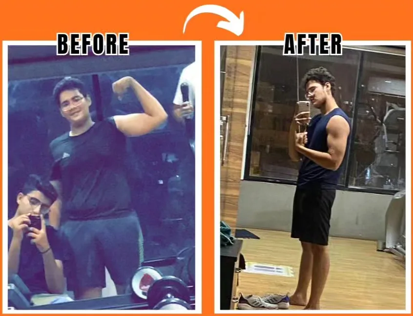 Vansh, a college student, before and after six months of training at S R Gym