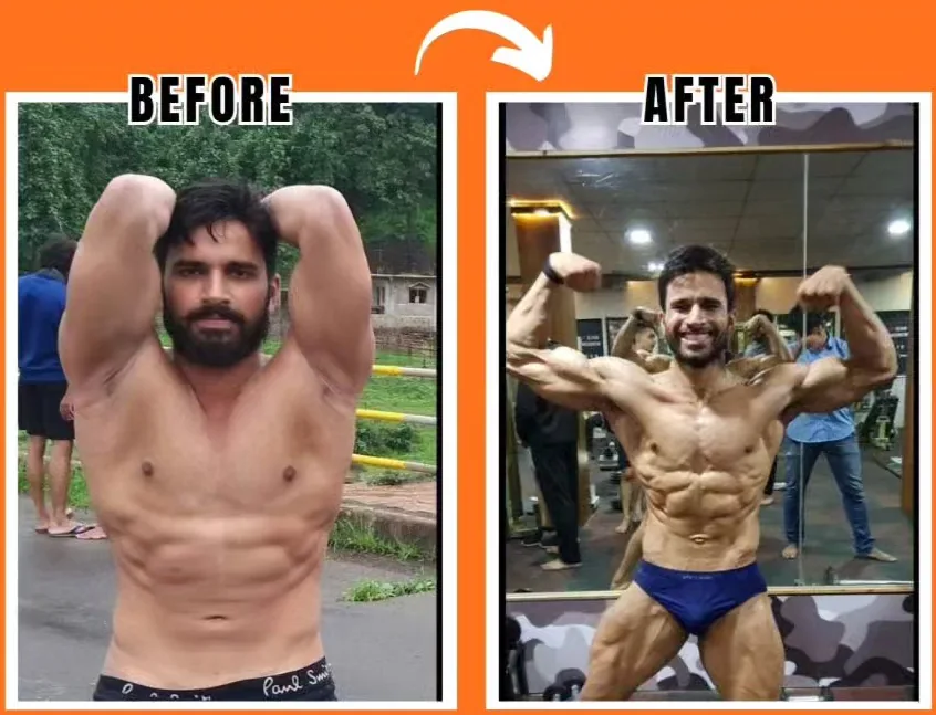 Yogesh, a working professional, before and after three months of training at S R Gym